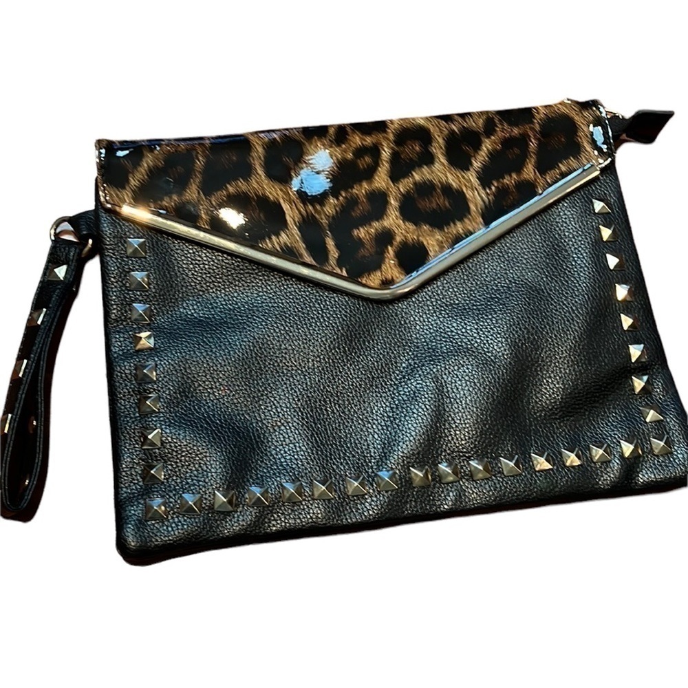 Black and leopard studded envelope style wristlet
